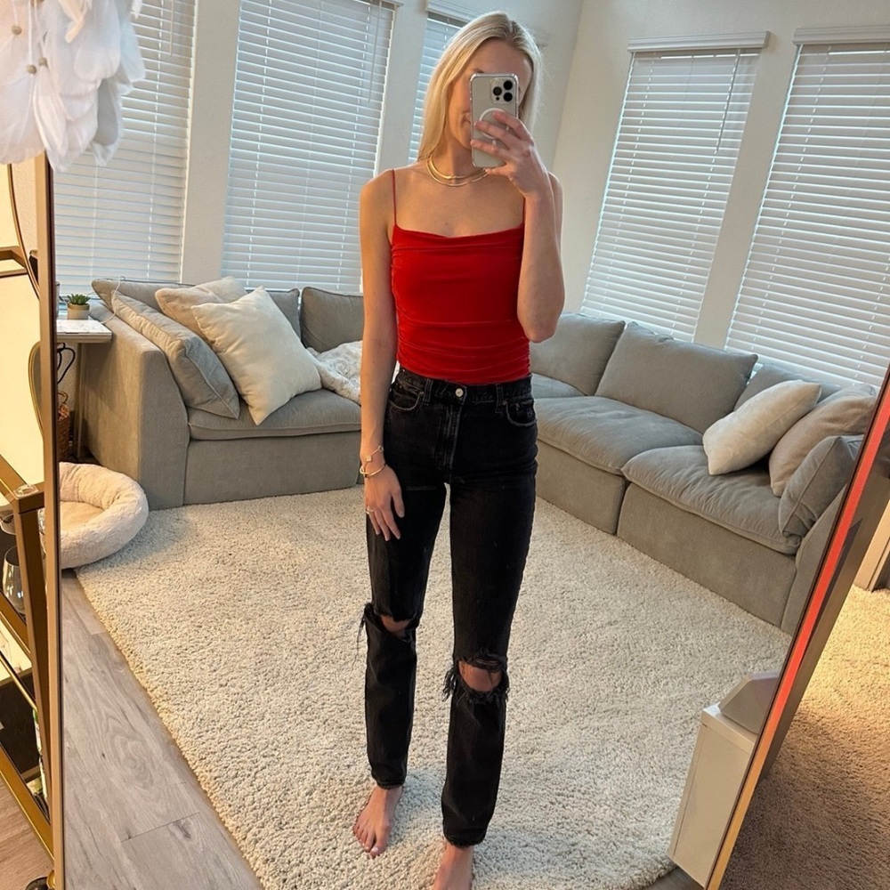 Lulus Red Ruched Mesh Bodysuit